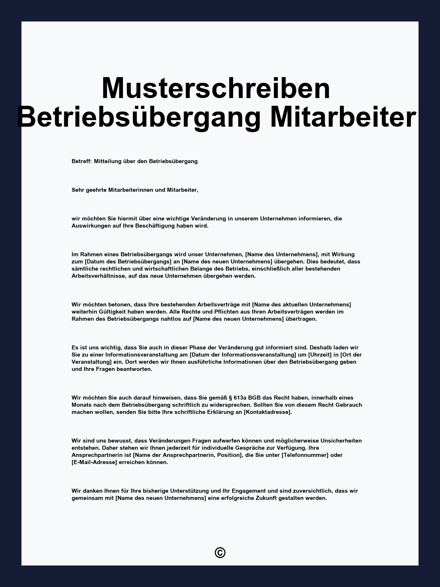 Musterschreiben Betriebsübergang Mitarbeiter
